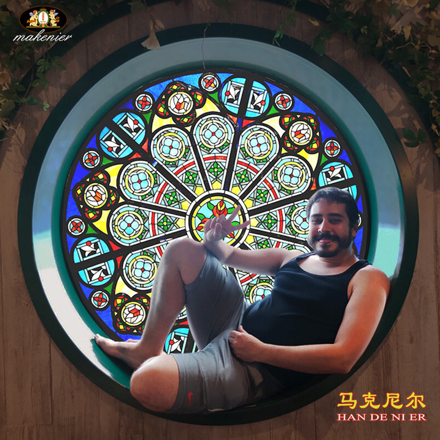 定制圆形隔断墙屏风假窗欧式复古镶嵌蒂凡尼彩色教堂装饰艺术玻璃