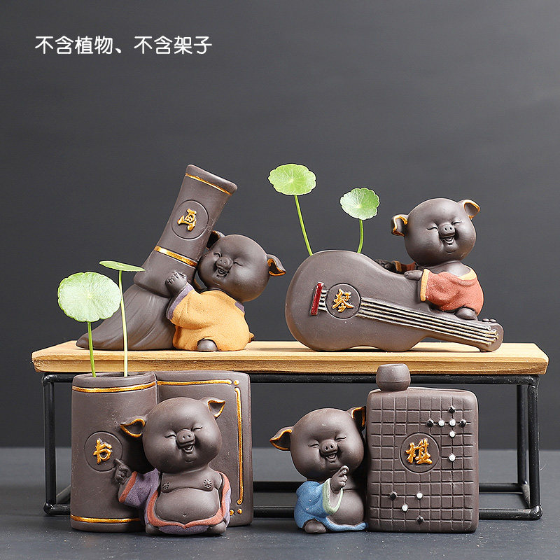 迷你小号水培花盆铜钱草绿萝卡通可爱小猪花器陶瓷手工桌面摆件