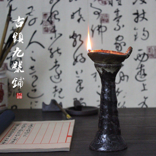 宋代陶瓷酥油灯仿古代书房烛台中式 古典陶瓷煤油灯茶道复古摆件