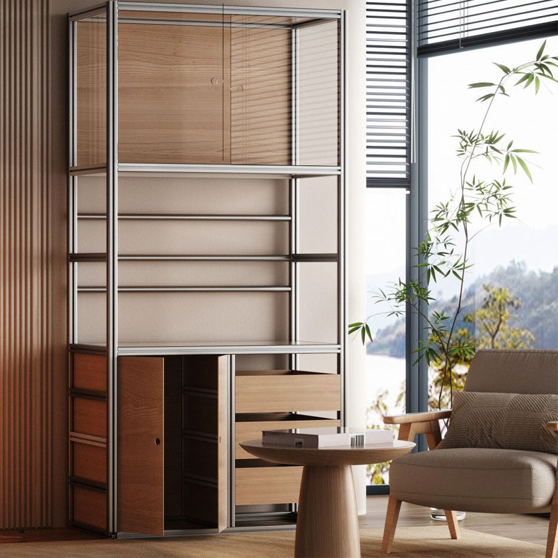 简约铝挤型材料玻璃柜家用客厅饭厅靠墙酒柜展示柜多层陈列收纳柜