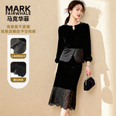 修身 马克华菲女装 名媛风蕾丝裙上衣冬装 显瘦丝绒半身裙衬衣两件套