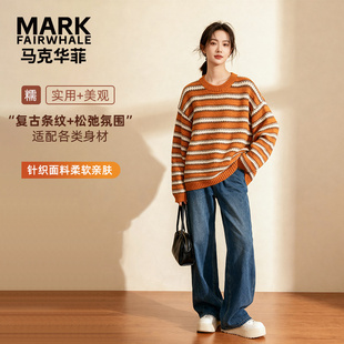 马克华菲女装加厚保暖宽松圆领套头毛衣秋冬时尚条纹针织衫女毛衣
