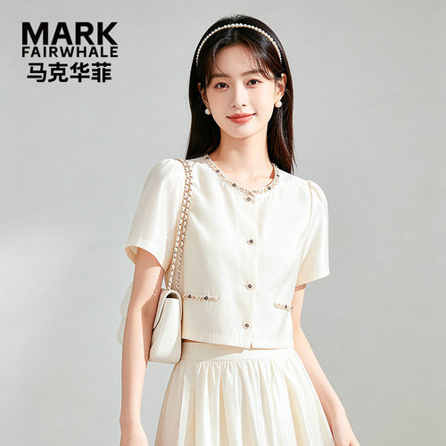 马克华菲女装复古设计感小香风衬衣女夏气质通勤短袖修身显瘦衬衫