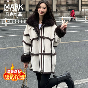 马克华菲女装大毛领仿皮草冬新款时尚气质保暖毛绒中长款外套大衣