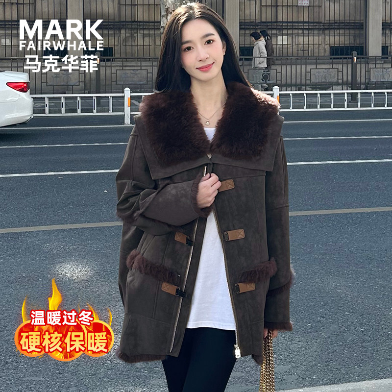 马克华菲女装大毛领仿皮草冬季高级感时尚加绒加厚保暖中长款外套