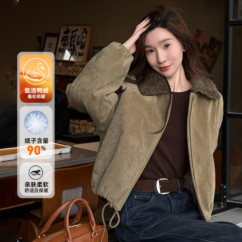 马克华菲高级感90白鸭绒羽绒服女2025年冬装巴恩风麂皮绒派克外套