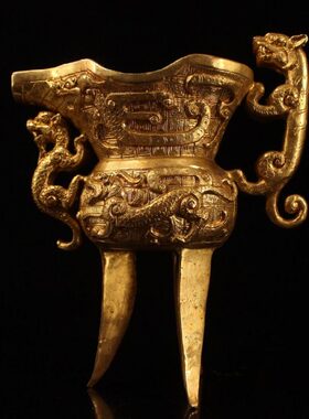 古玩收藏珍藏品纯铜鎏金唐代三脚龙酒杯一个双龙酒樽