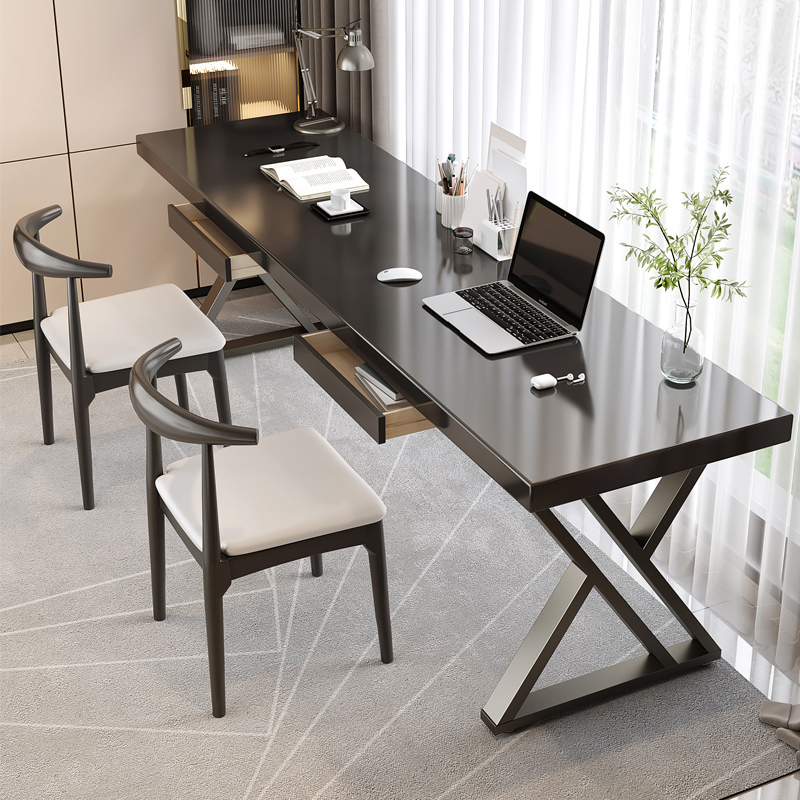 黑色书桌实木写字桌电竟长条桌长方形意式简约Q办公桌工作台吧台