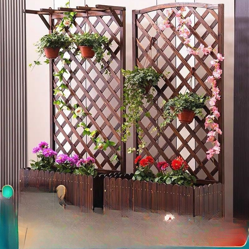 碳化花盆围栏阳台爬藤花架子防腐木花箱户外网格实木栅栏隔断花槽