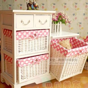 田园风格床头柜实木卧室藤编抽屉收纳柜组合柜子客厅五抽高低柜