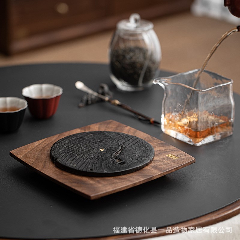 宅寂风黑胡桃木壶承创意干泡盘茶壶底座隔热家用小茶台垫线香插座