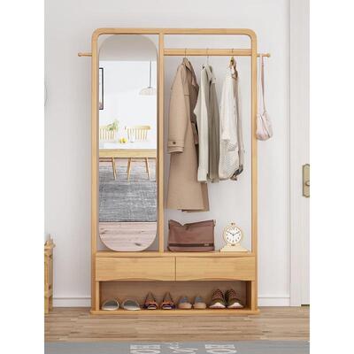 实木衣帽架地室家用卧小型移动鞋凳落EDA穿衣镜多功一体能挂衣架