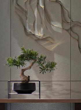 新中式真仿迎客树盆景样板茶室铁艺盆栽玄关禅意松空间景观HY1072