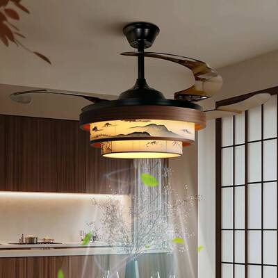 宋代美学东方诗实竹叶水墨画隐意形扇808风吊灯大风力6档木调速主