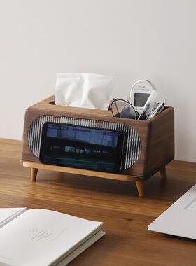 L0103黑胡多桃木纸巾盒抽功能收纳一体家用桌面办实公遥控器收纳