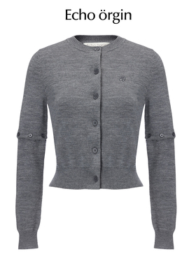 EO设计师品牌解构设计可拆卸两穿长袖短款绵羊毛针织开衫圆领毛衣