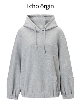 EO设计师品牌时装款宽松廓形植绒图案百搭显瘦休闲连帽卫衣外套女