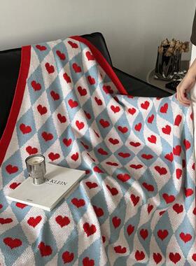 ins韩系学生宿公舍毛毯印花红爱盖腿心毯办ONB室午睡披肩毯编子织