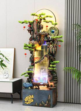 新中式假山流水喷缸泉鱼客厅家循饰PXX居装落地水景店铺公司前台