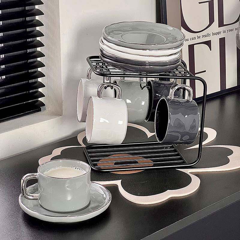 北欧手捏纹银边咖啡杯套装家用碟轻奢悬挂TZW式瓷陶杯风碟带杯架