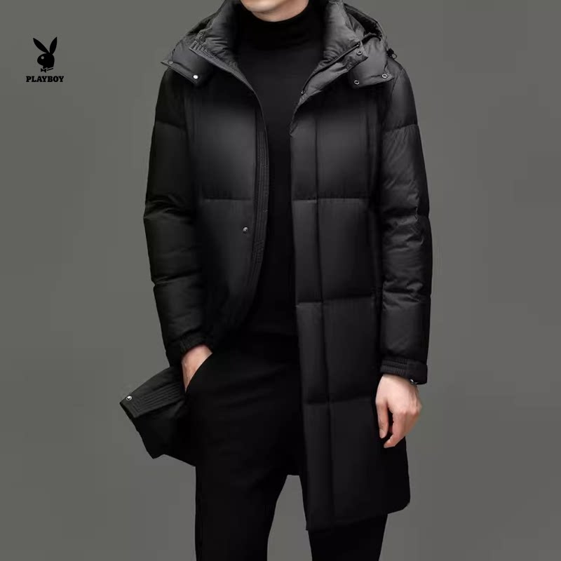 花花公子男士长款连帽羽绒服 冬季保暖外套2025冬季新款休闲男款