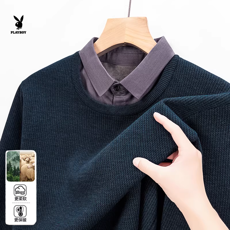 花花公子男士假两件衬衫领针织衫黑灰色长袖打底衫毛衣休闲风日常