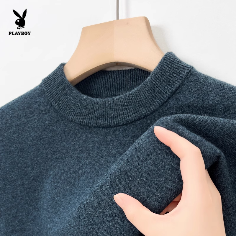 花花公子100%绵羊毛衫男士圆领针织毛衣加厚保暖打底衫