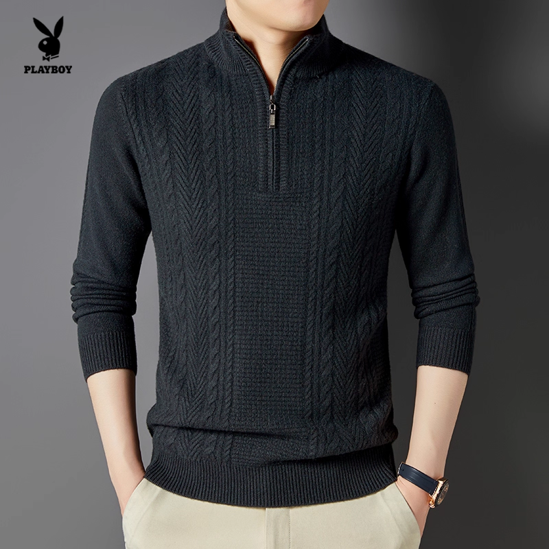 花花公子男士绵羊毛立领半拉链针织衫休闲保暖毛衣