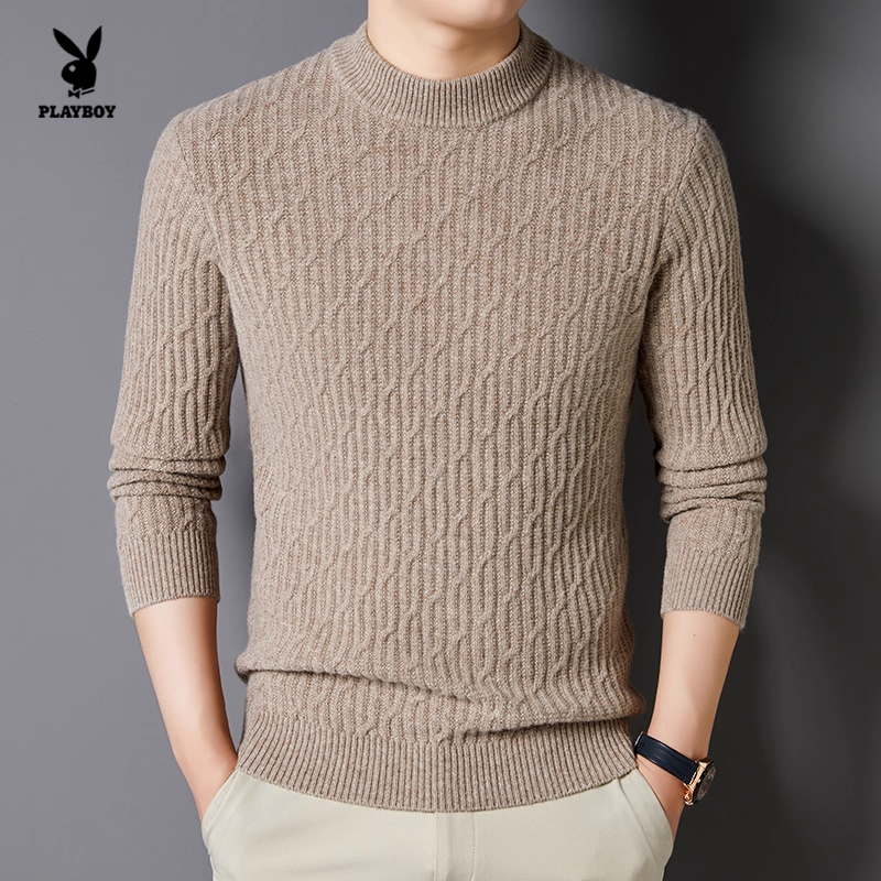 花花公子男士半高领绵羊毛绞花纹针织衫修身内搭毛衣