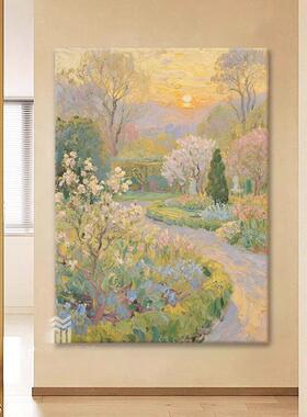 竖法奶油风风景客厅沙发装饰级HWY画高感莫奈日出立式体手绘竖挂