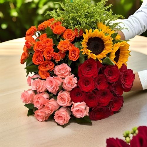 【520鲜花】红玫瑰10枝+粉玫瑰10枝+多H头玫瑰3枝+向日葵2枝+配草