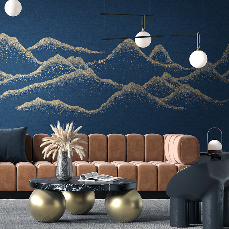 雅像素中式c现代简约雪峰山刺绣墙布客厅沙发电视背景独绣无缝壁