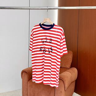 休闲慵懒风条纹圆领短袖 26新款 ONST201636161 妍妍粉丝专享