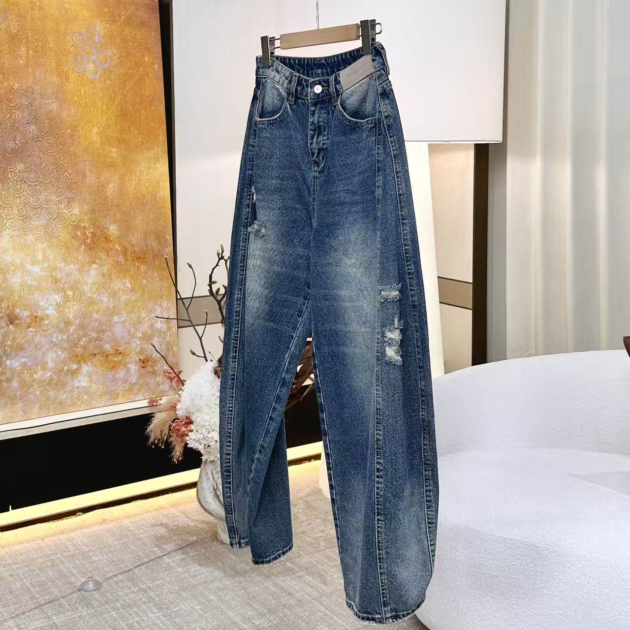 【妍妍粉丝专享】做旧水洗高腰破洞阔腿牛仔弯刀裤ONKN110615958