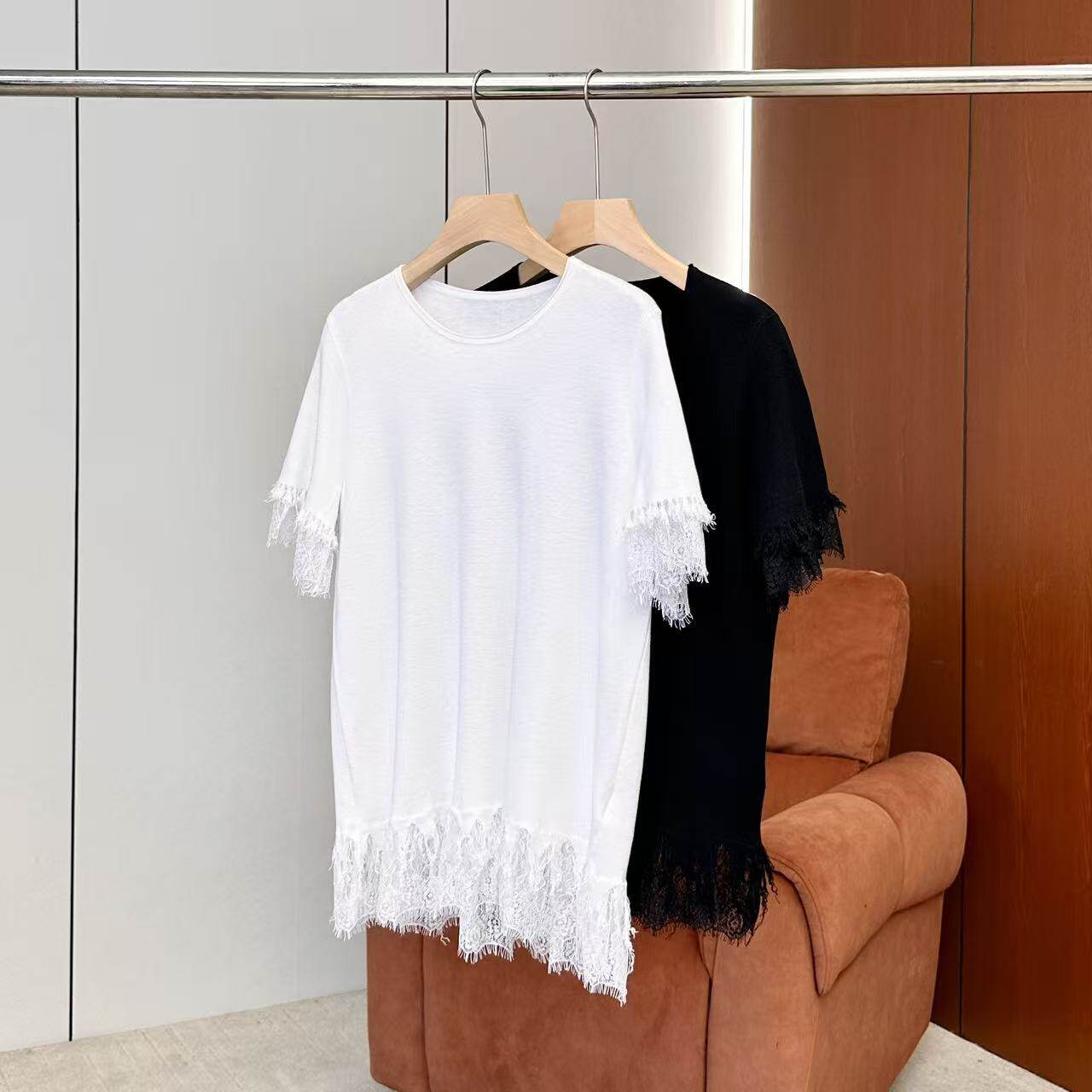 【妍妍粉丝专享】26新款气质优雅蕾丝拼接短袖针织衫ONSC24636116