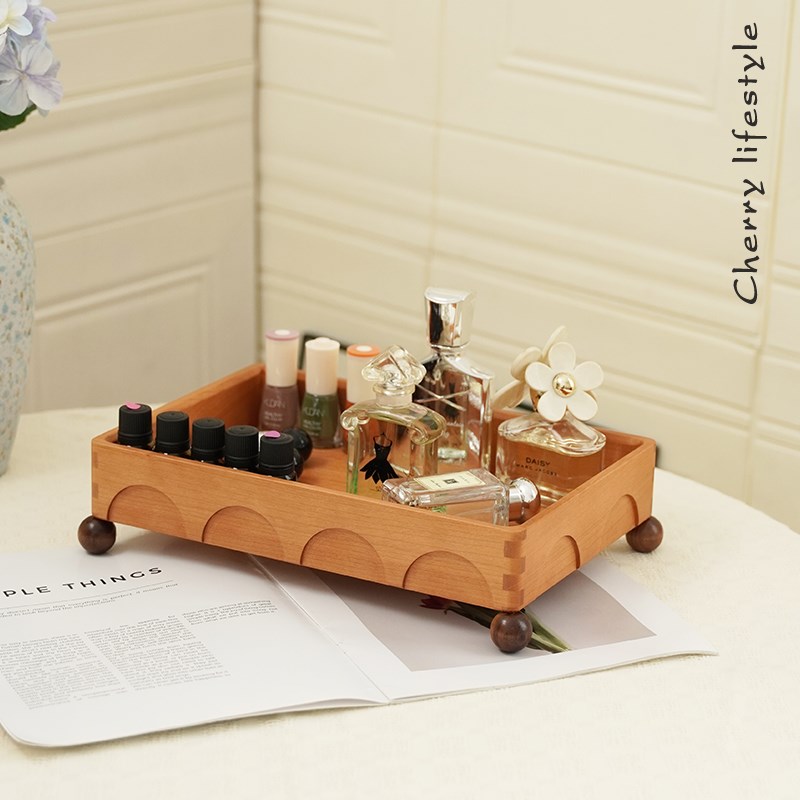 北美樱桃木香薰精油托p盘实木轻奢桌面收纳盒入户玄关木质置物架