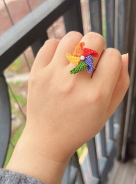 星语手作童年h回忆系列纯手工微钩旋转风车戒指可调节大小开口戒