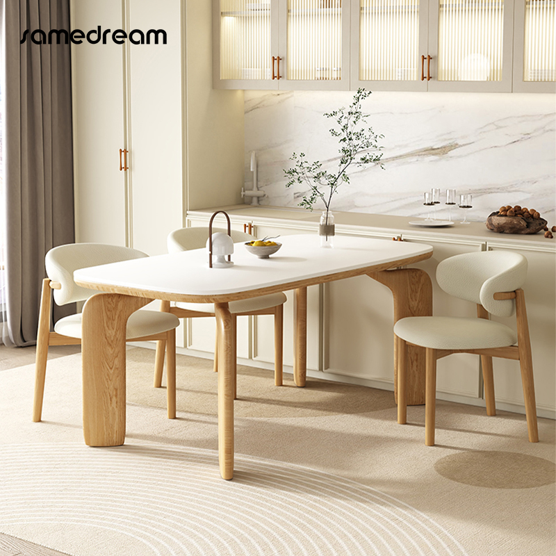 实木岩板餐桌全托2024新款家用C小户型轻奢客厅奶油风简约现代饭