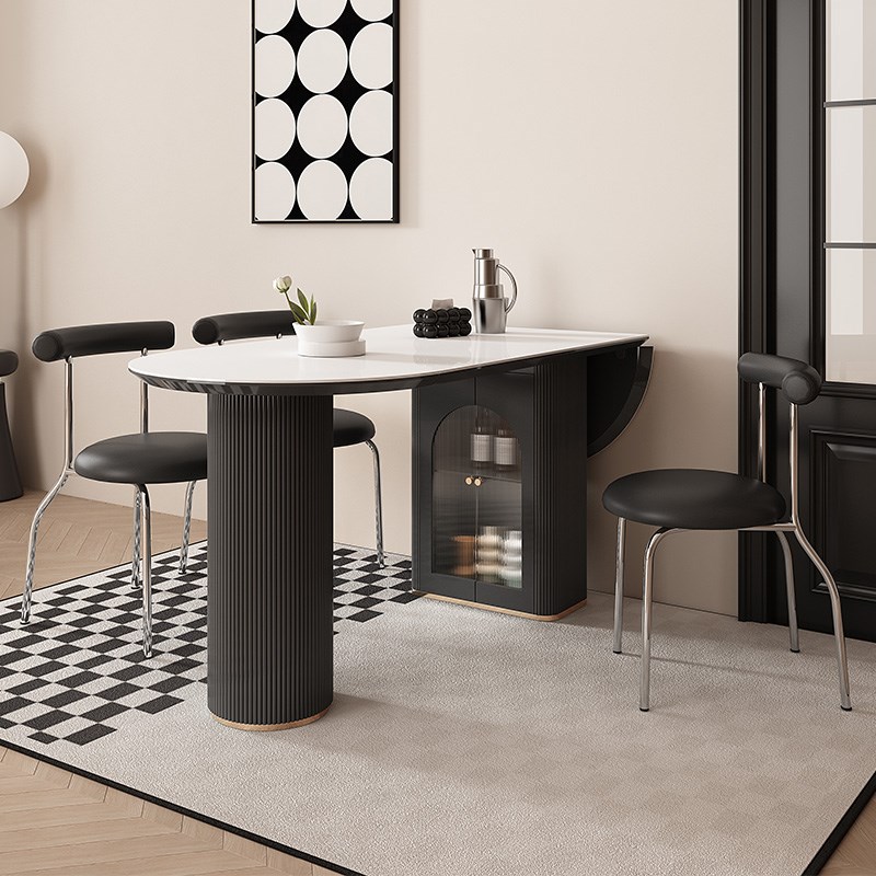 黑色岩板餐桌小户型家用餐桌可储物折叠伸缩法式V奶油风餐桌组合