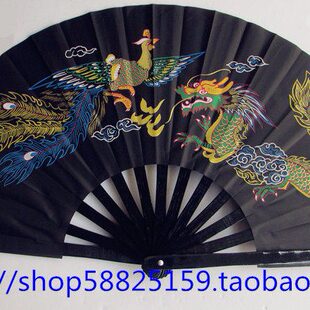 全竹子太极扇功夫扇 左右手黑色龙凤竹骨武术扇表演扇子 木兰响扇