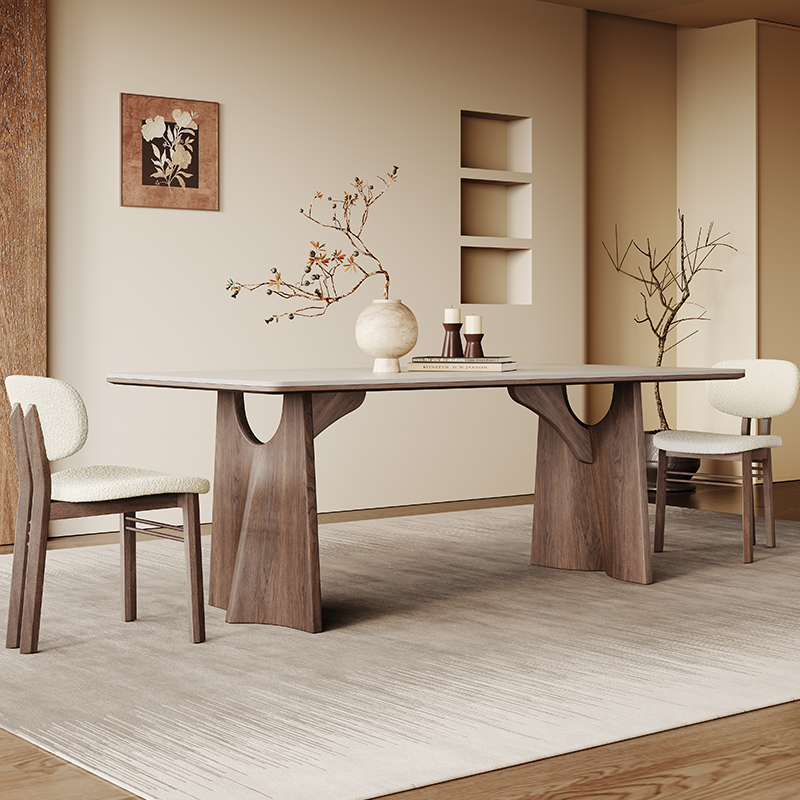 实木餐桌长方形家用简约现代2024新款意式M轻奢侘寂风纯白岩板餐