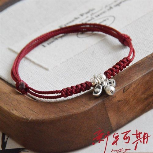 福禄财c原创复古可爱新年红绳春运925银葫芦元宝钱币手链