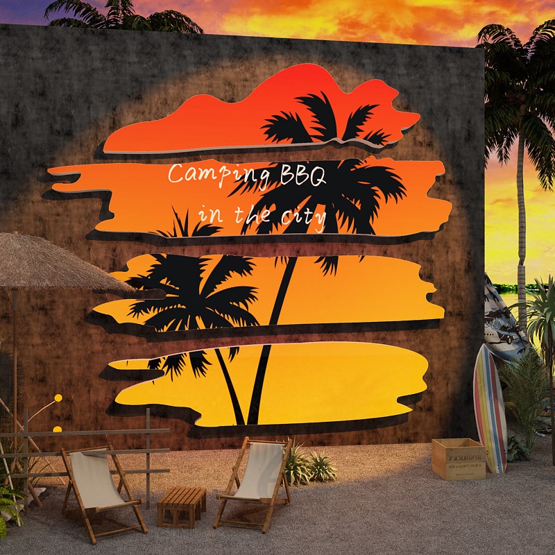 网红签到拍照区h布局露营风格风格氛围椰树酒吧日落户外装饰农场