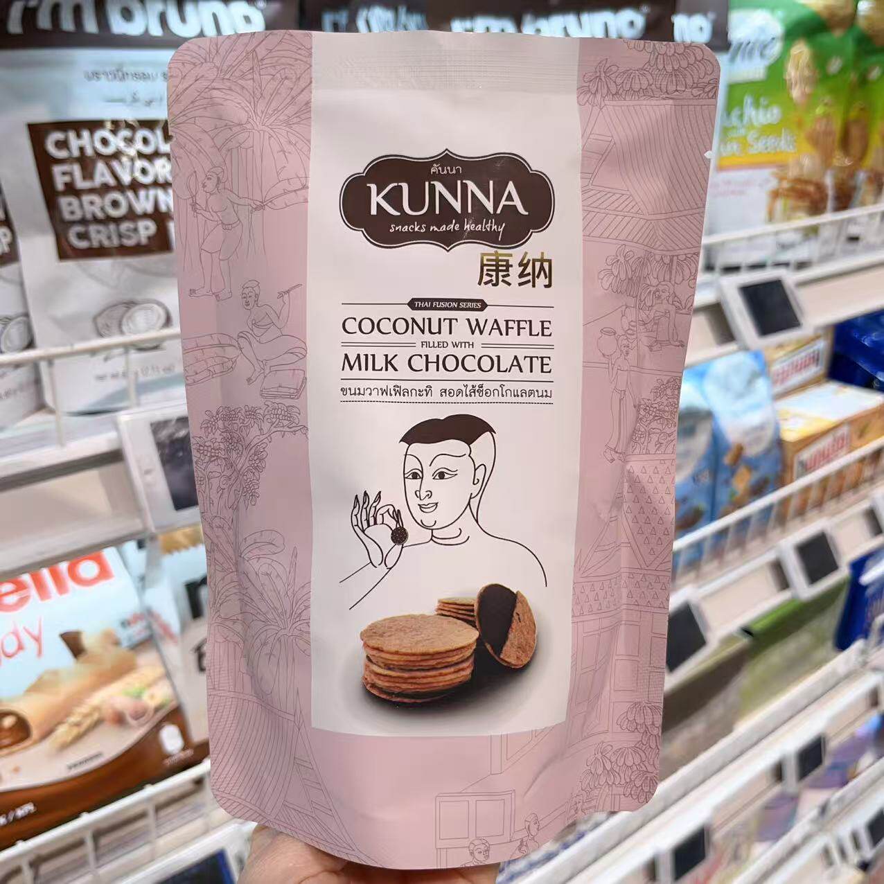 盒马KUNNA康纳椰子华夫饼牛奶巧克力夹心饼干泰国进口袋装零食图片