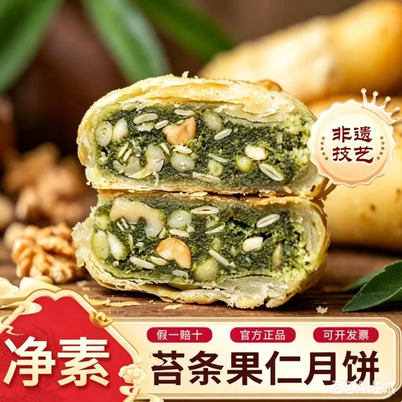 龙华素斋现烤月饼上海龙华净素苏式酥皮苔条果仁椒盐百果中秋礼盒