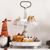 双层木质纳架多层圆形托00018盘带金手柄支蛋属糕水果展收示架储