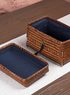 手工竹编茶收纳盒配带盖旅行便携防尘58389整理盒具复古禅意茶道