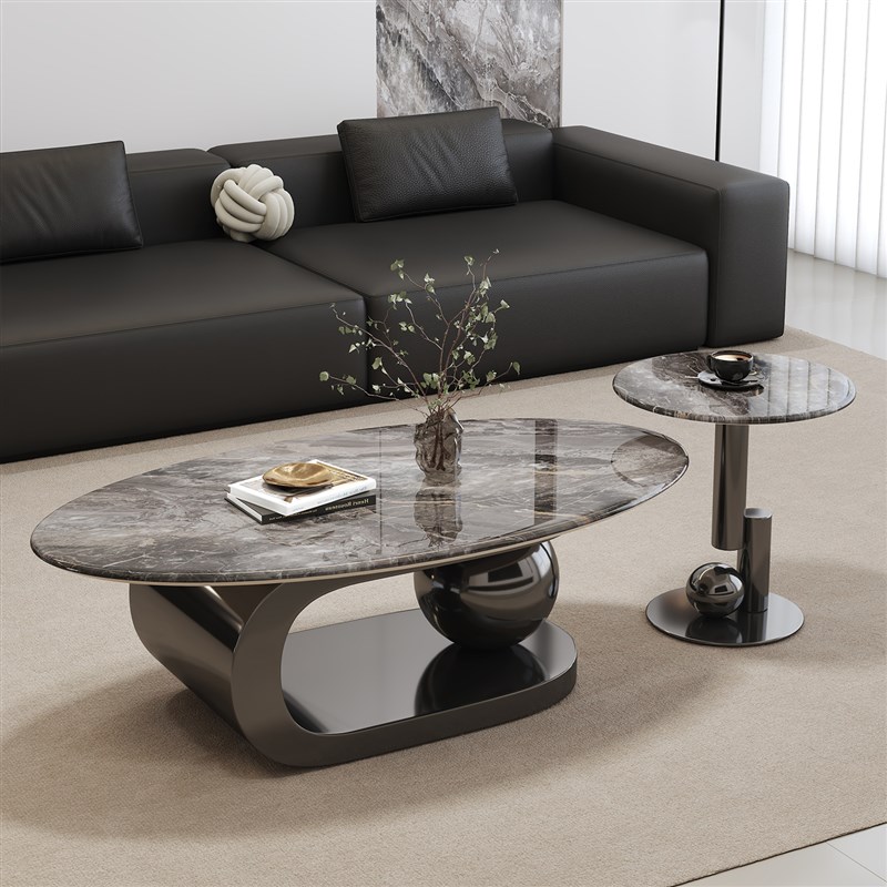 意式轻奢a威尼斯棕超晶石茶几组合家用客厅高端极简现代椭圆茶几