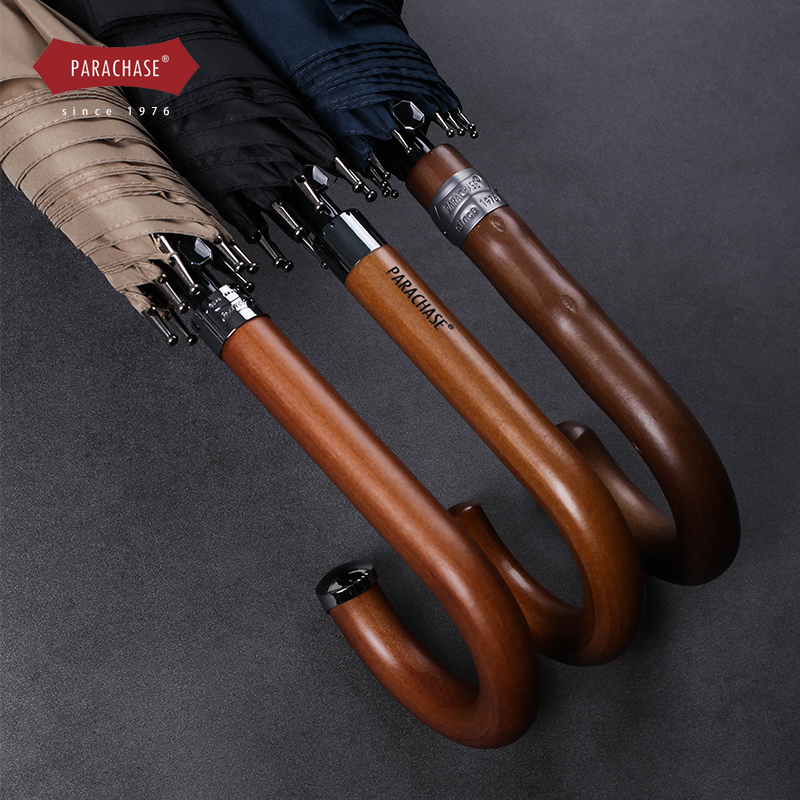 自动直杆雨伞弯钩经典黑纯色双人长伞G女定制超大男士结实加固抗