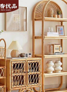 ins藤编家具落地置收书物架客厅纳多层示隔板创意架LIJ中式复古展